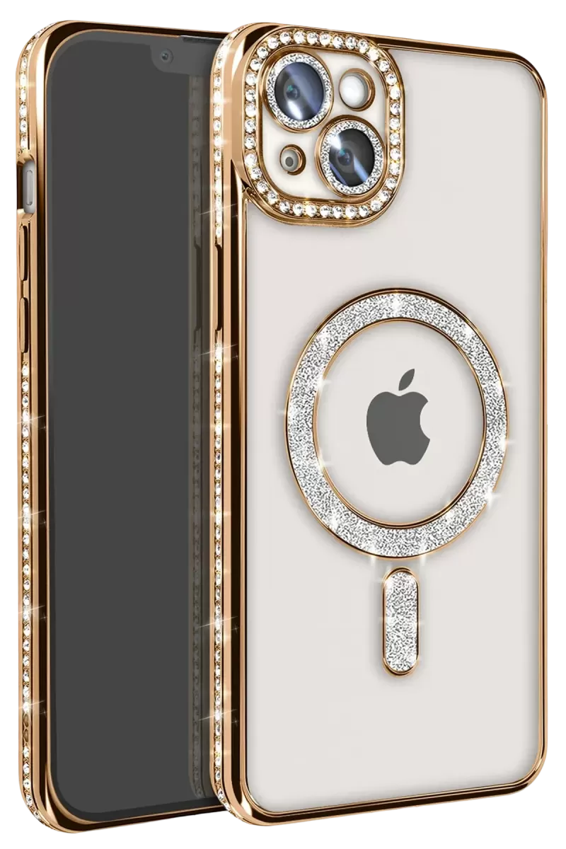 Newface Apple iPhone 15 Kılıf Joke Simli Magneticsafe Kılıf - Gold