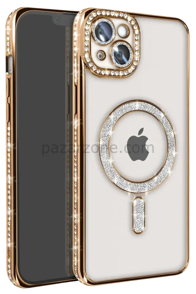 Newface Apple iPhone 15 Kılıf Joke Simli Magneticsafe Kılıf - Gold