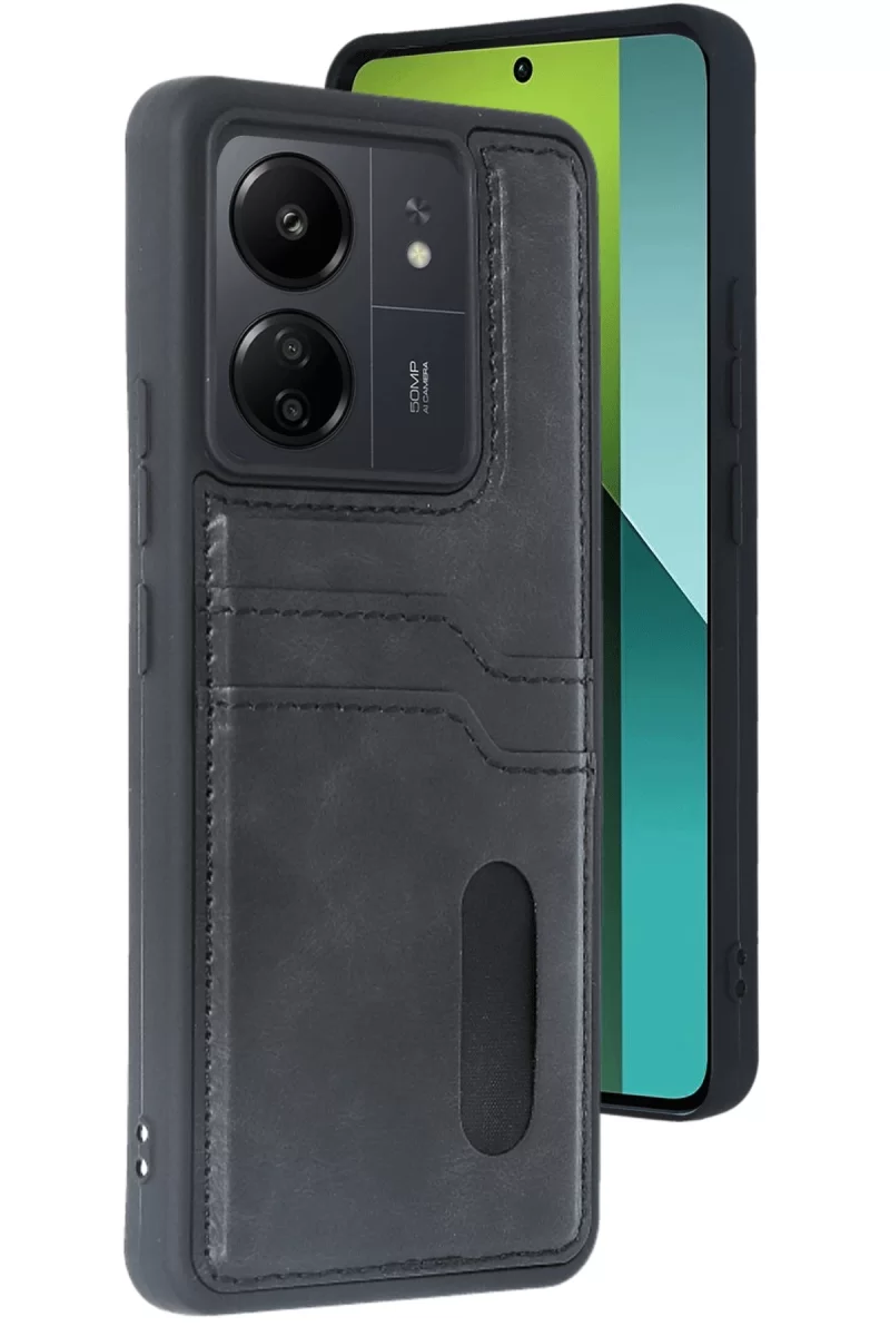 Newface Xiaomi Redmi 13C Kılıf Sara Kartvizitli Deri Kılıf - Siyah