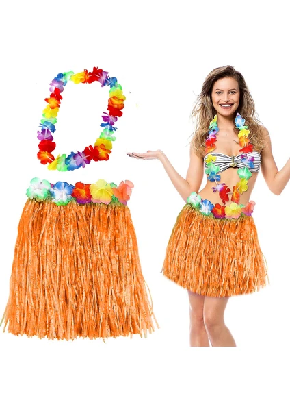 Hawaii Luau Aloha Turuncu Püsküllü 40 cm Etek ve Hawaii Kolye Seti