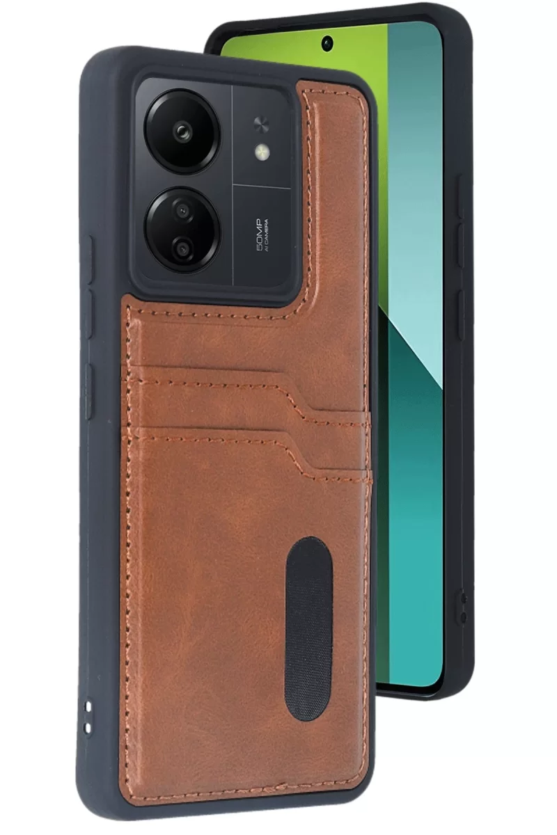 Newface Xiaomi Redmi 13C Kılıf Sara Kartvizitli Deri Kılıf - Taba