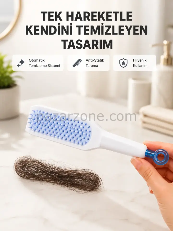 Kendi Kendini Temizleyen Saç Tarağı – Anti-Statik, Silikon Uçlu, ABS Malzeme, 22x4 cm
