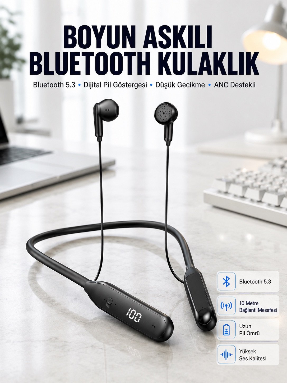 60 Saat Kablolu Boyun Askılı Dijital Göstergeli Bluetooth Kulaklığı Yeni Nesil