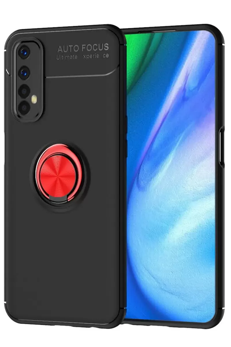 Newface Realme 7 Kılıf Range Yüzüklü Silikon - Siyah-Kırmızı
