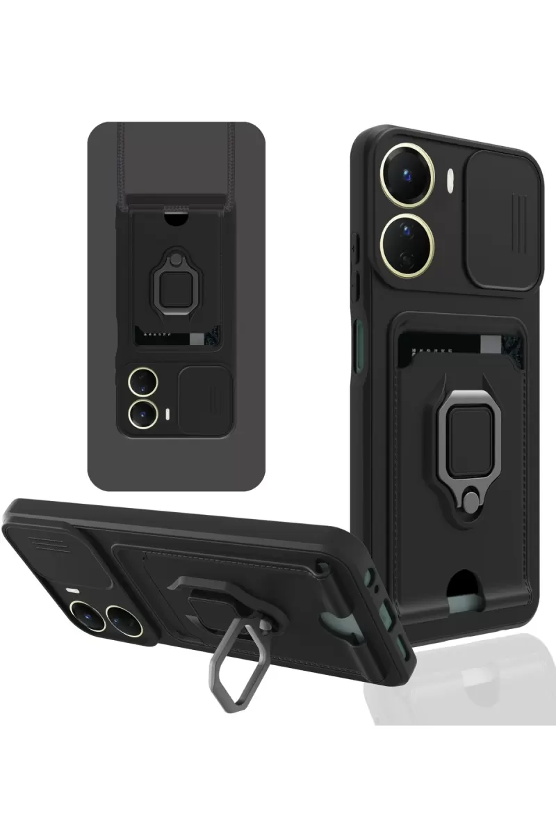 Newface Vivo Y16 Kılıf Zuma Kartvizitli Yüzüklü Silikon - Siyah