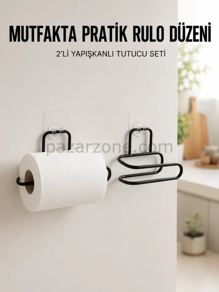 2’li Siyah Metal Rulo Kağıt Tutucu Yapışkanlı Banyo ve Mutfak Kağıtlık