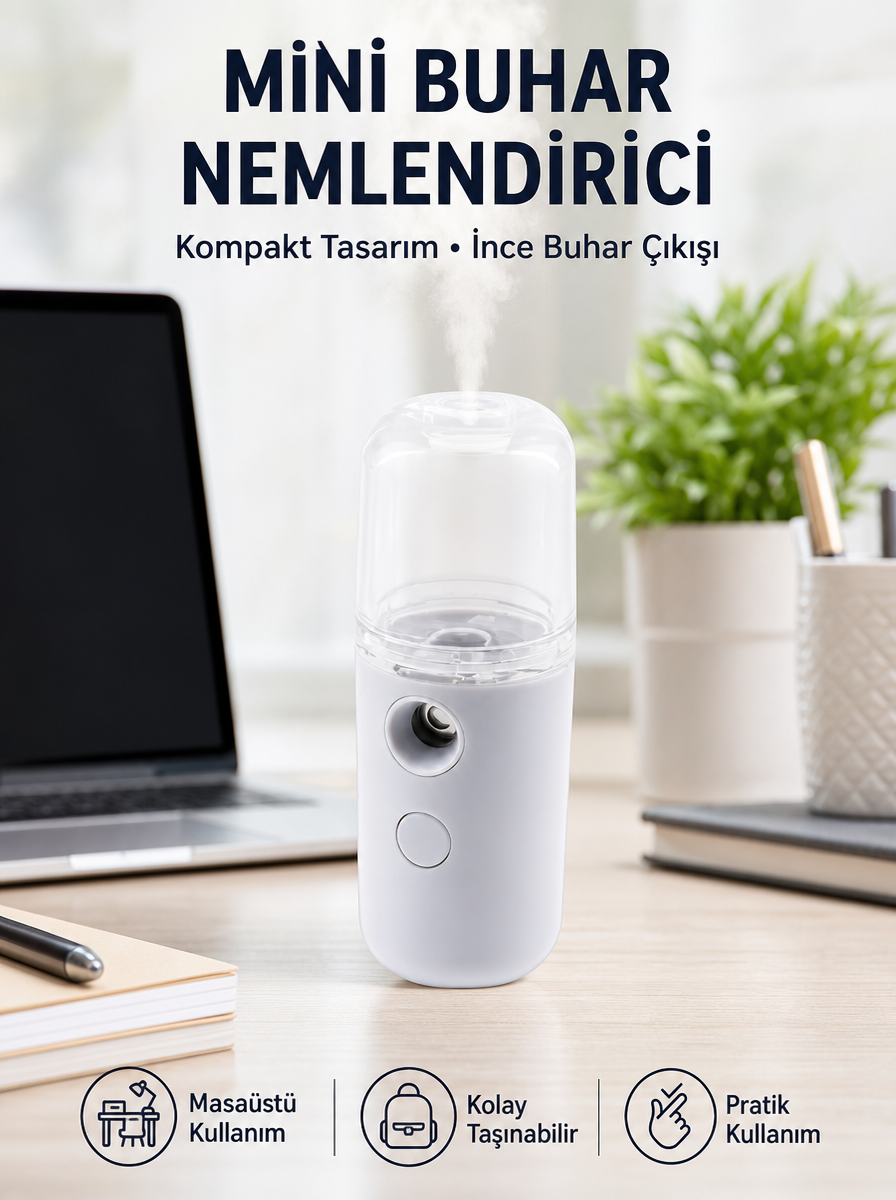 Mini Şarjlı Buhar Nemlendirici – Taşınabilir, Enerji Tasarruflu, Kablosuz Kullanım Yeni Nesil