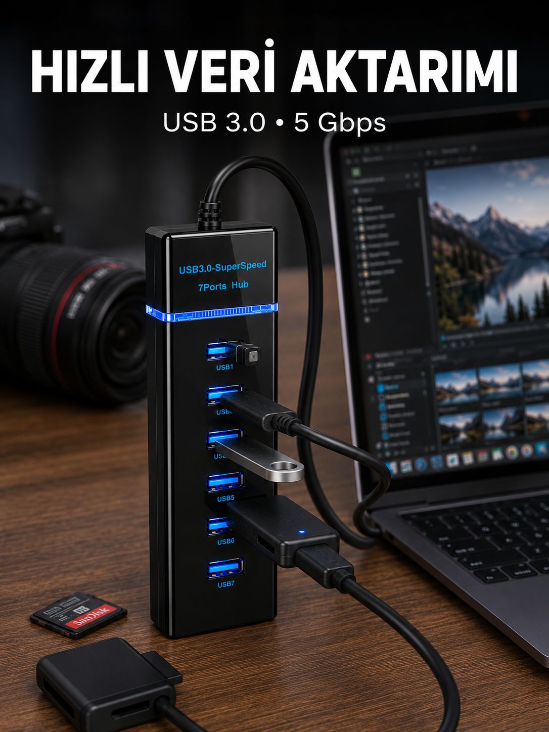 USB 3.0 Çoklayıcı 7 Port Yüksek Hızlı Veri Aktarım