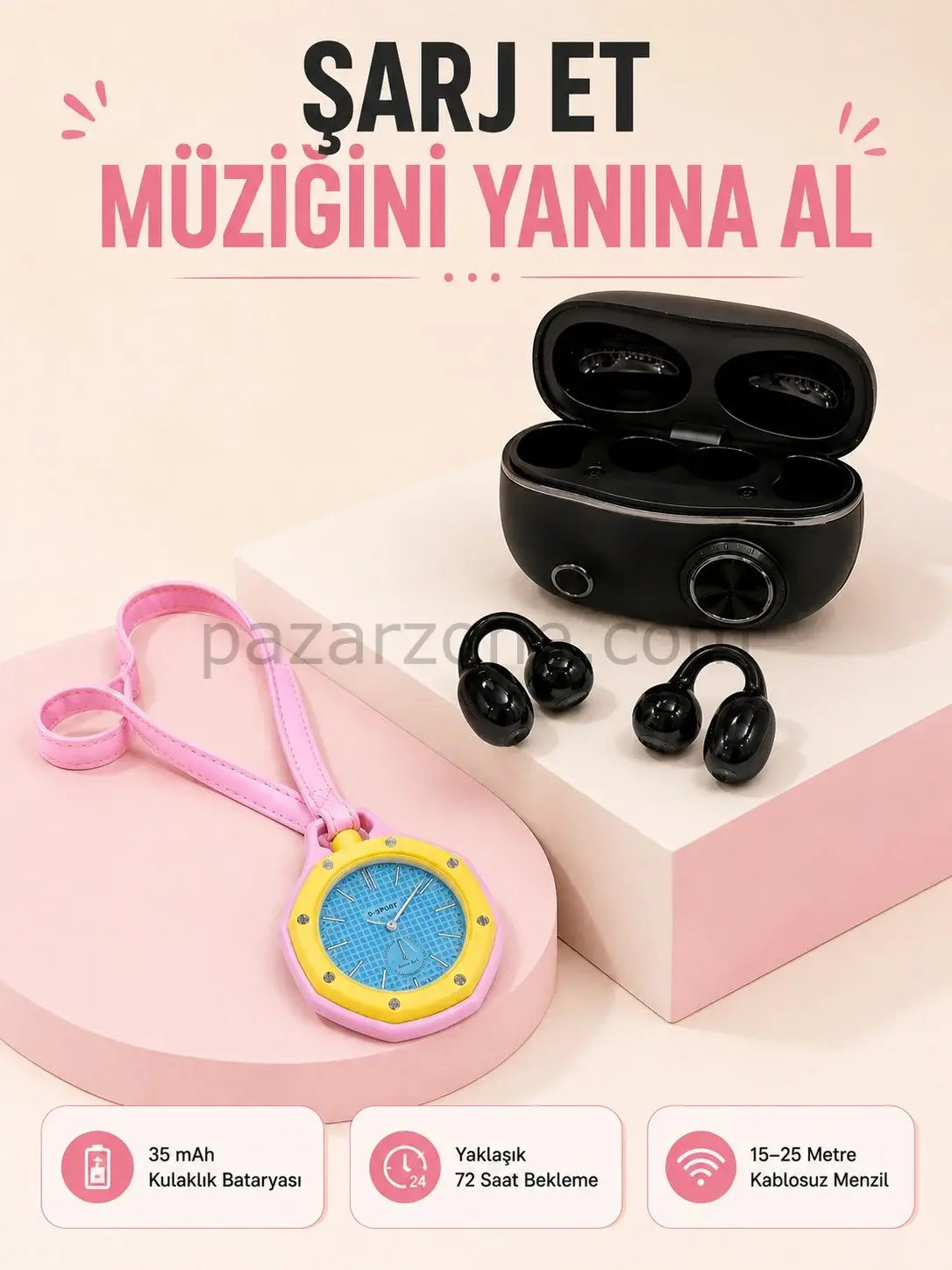 Kablosuz Kulaklık Seti ve Pembe Askılı Analog Charm Saat Günlük Kullanım Kampanyası