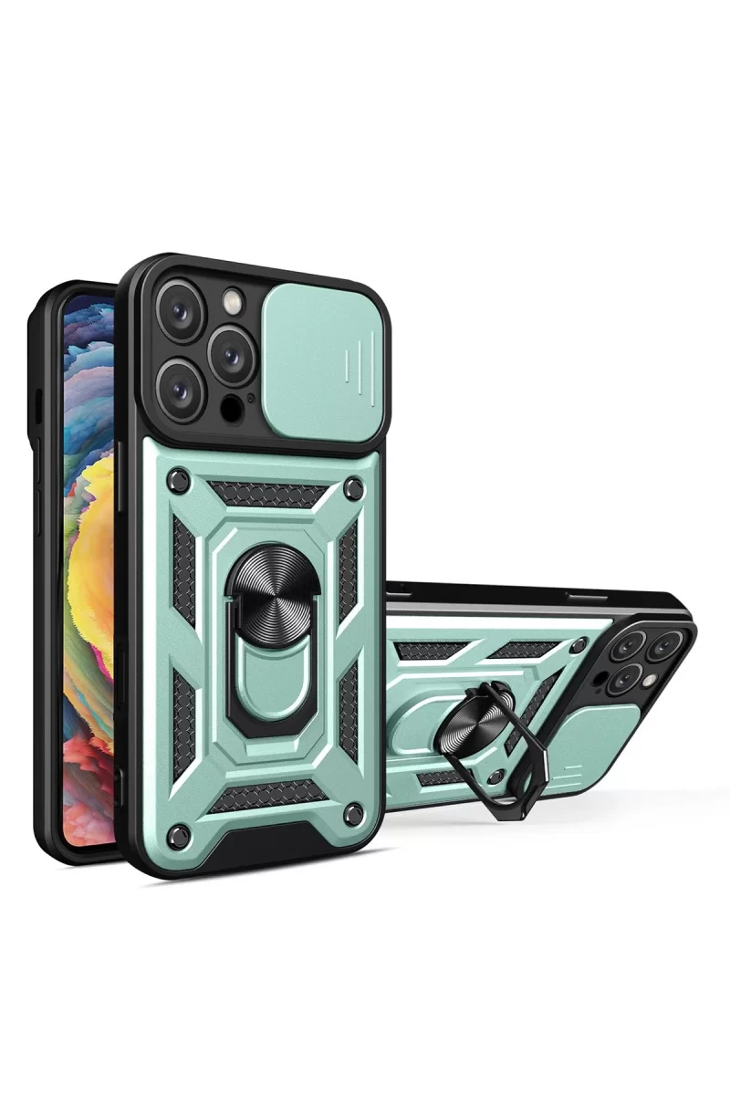 Newface Apple iPhone 16 Pro Kılıf Pars Lens Yüzüklü Silikon - Yeşil