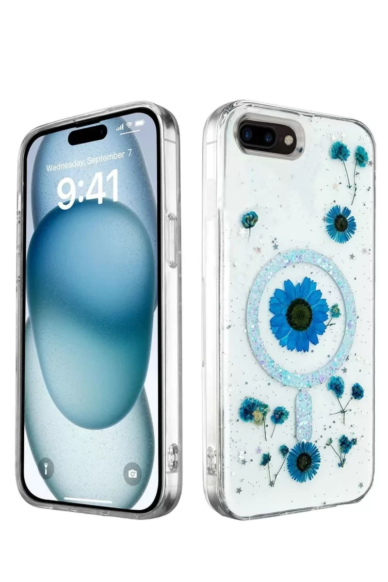 Newface Apple iPhone 7 Kılıf Daisy Simli Magsafe Kapak - Mavi