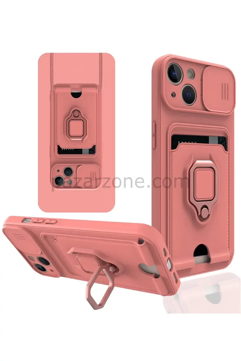 Newface Apple iPhone 15 Kılıf Zuma Kartvizitli Yüzüklü Silikon - Pembe