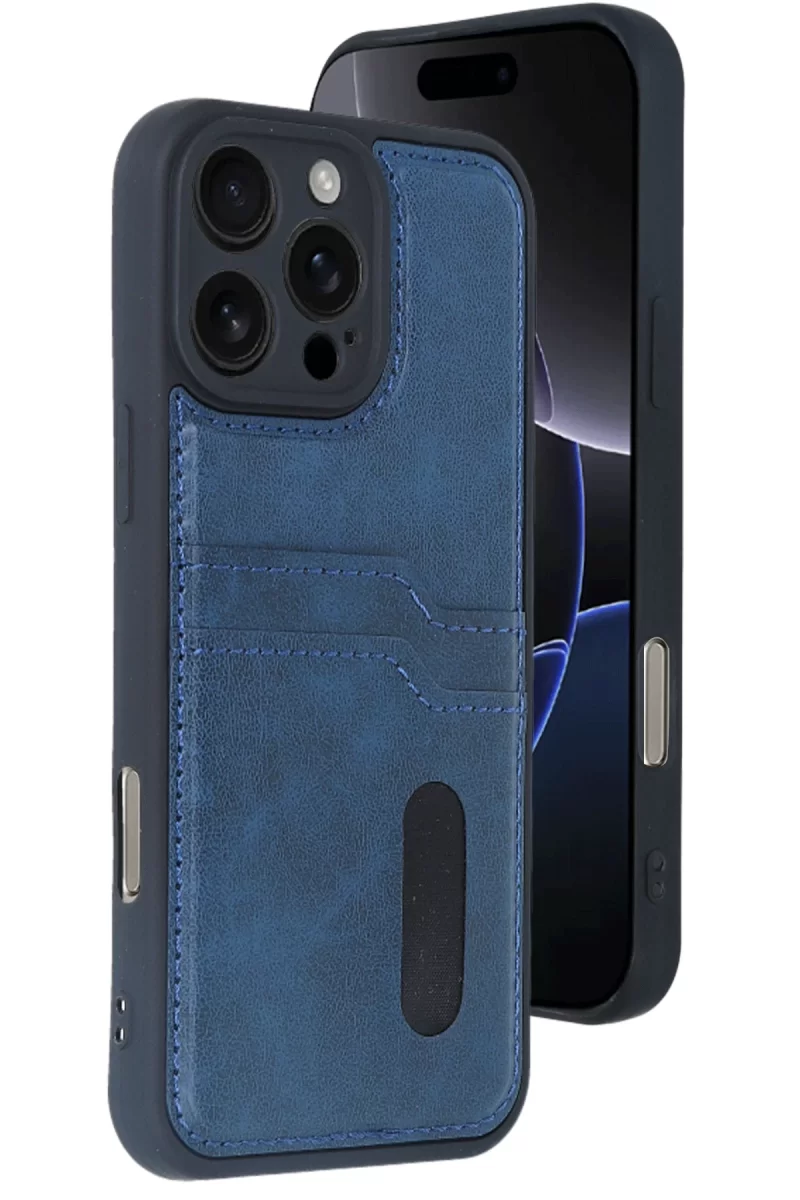 Newface Apple iPhone 16 Pro Kılıf Sara Kartvizitli Deri Kılıf - Lacivert