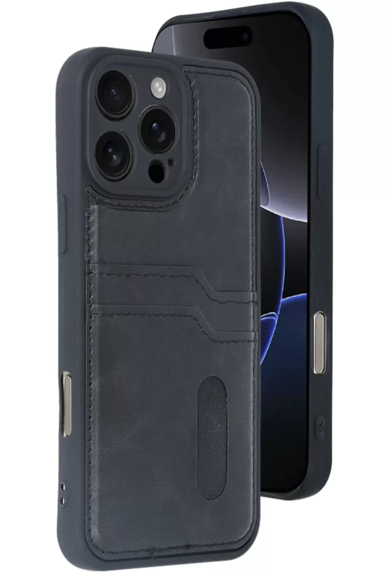 Newface Apple iPhone 16 Pro Kılıf Sara Kartvizitli Deri Kılıf - Siyah