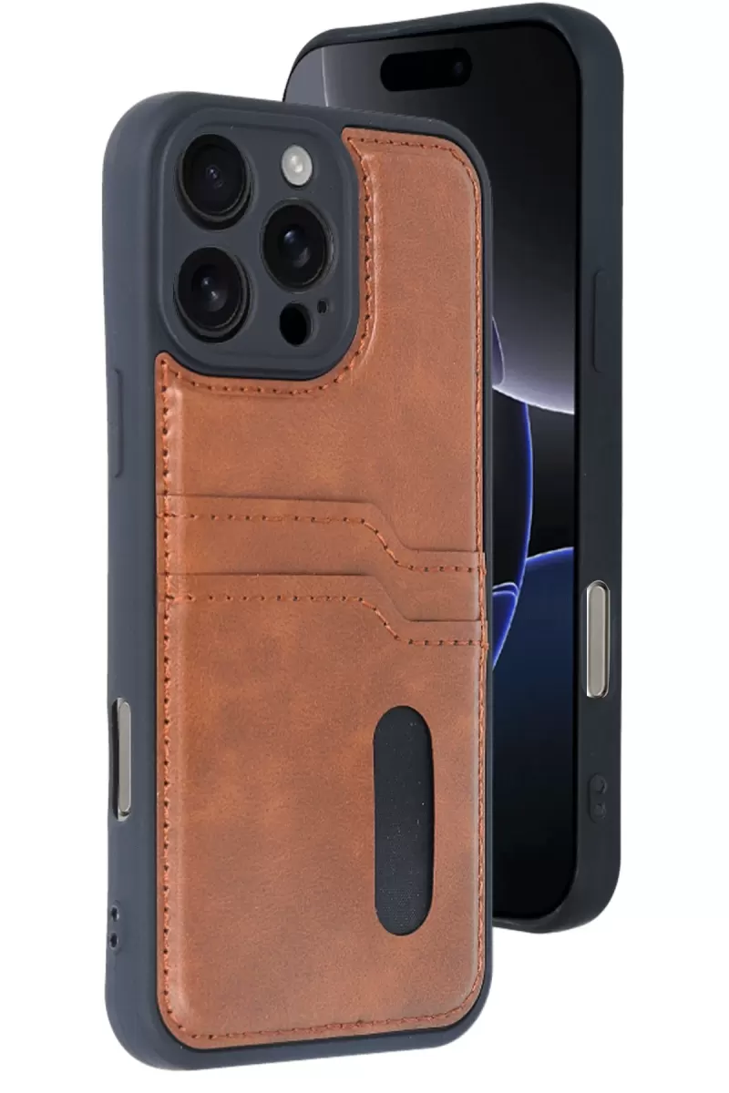 Newface Apple iPhone 16 Pro Kılıf Sara Kartvizitli Deri Kılıf - Taba
