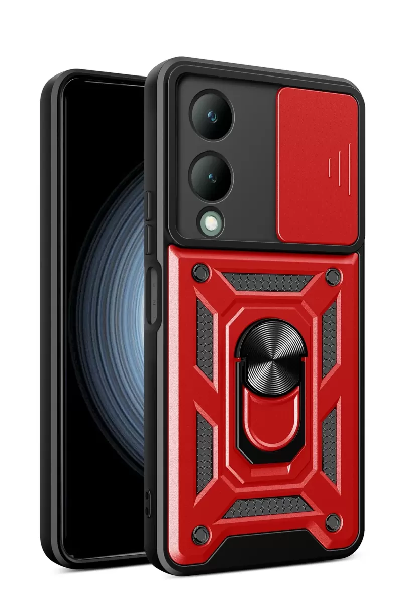 Newface Vivo Y17S Kılıf Pars Lens Yüzüklü Silikon - Kırmızı