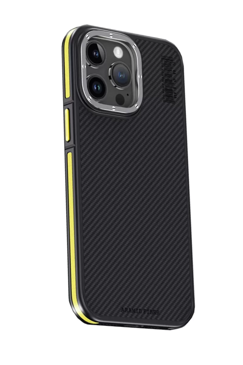 Joko Apple iPhone 15 Pro Max Kılıf Aramid 600D Kevlar Karbon Fiber Magsafe Kapak - Sarı