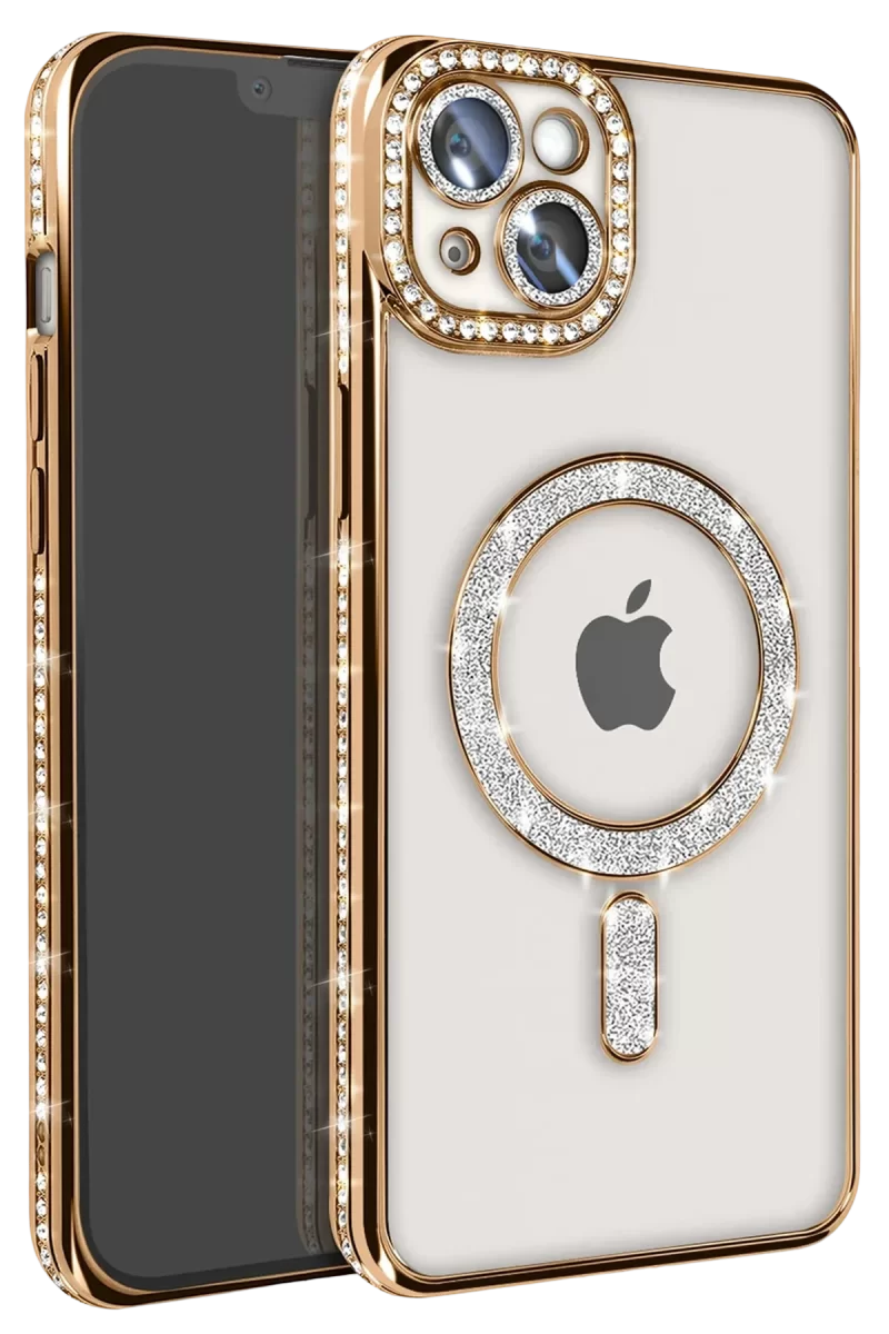 Newface Apple iPhone 14 Kılıf Joke Simli Magneticsafe Kılıf - Gold