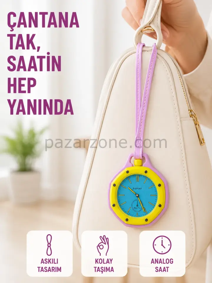 Anahtarlık Çanta Charmı Askılı Analog Dekoratif Saat Pembe