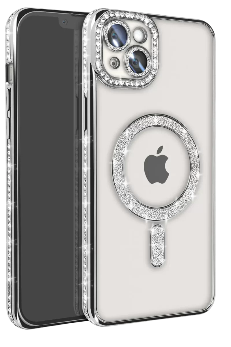 Newface Apple iPhone 14 Kılıf Joke Simli Magneticsafe Kılıf - Gümüş