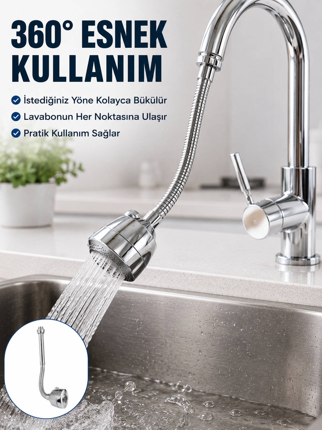 Krom Musluk Uzatma Aparatı 360° Dönebilen Su Tasarruflu Lavabo Fıskiyesi