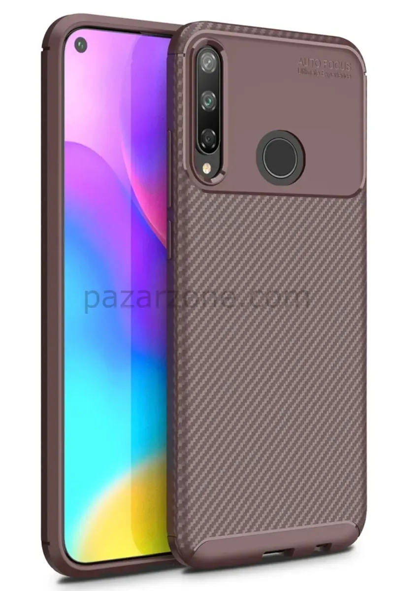 Newface Huawei P40 Lite E Kılıf Auto Focus Karbon Kapak - Kahverengi