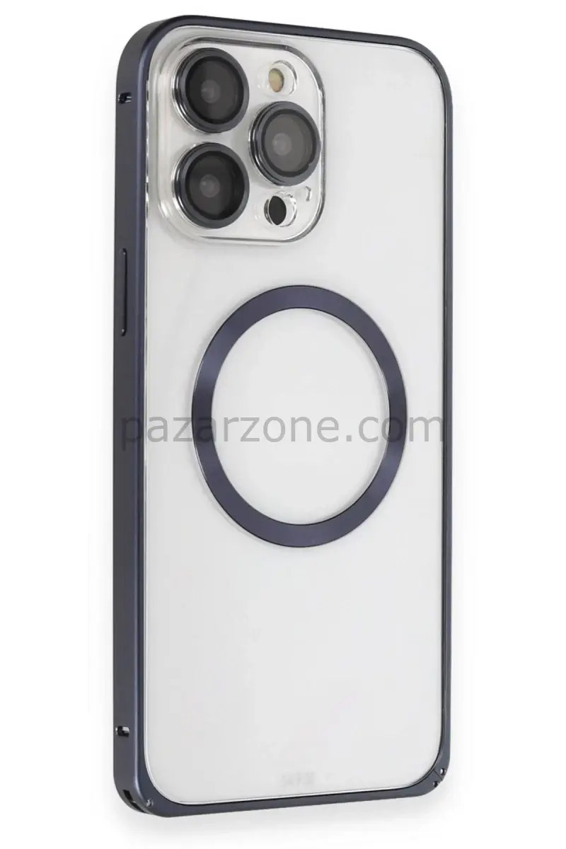 Joko Apple iPhone 15 Pro Max Kılıf Metal Bumper Magneticsafe Kapak - Lacivert