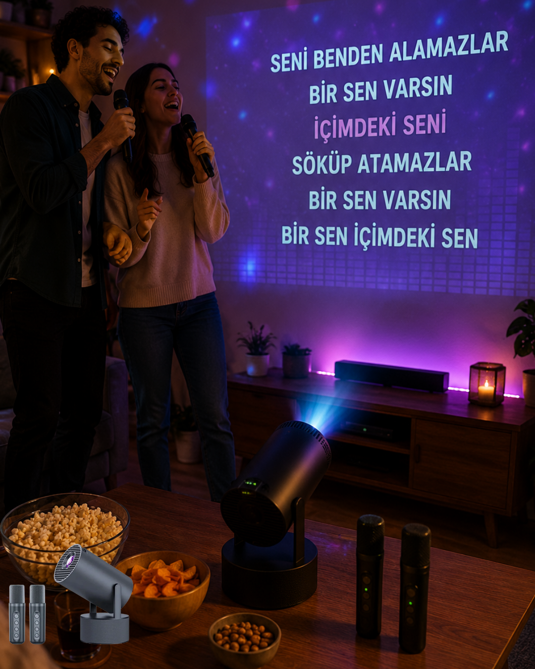 3ü 1 Arada Karaoke ve Projeksiyon Sistemi Çift Mikrofon Destekli