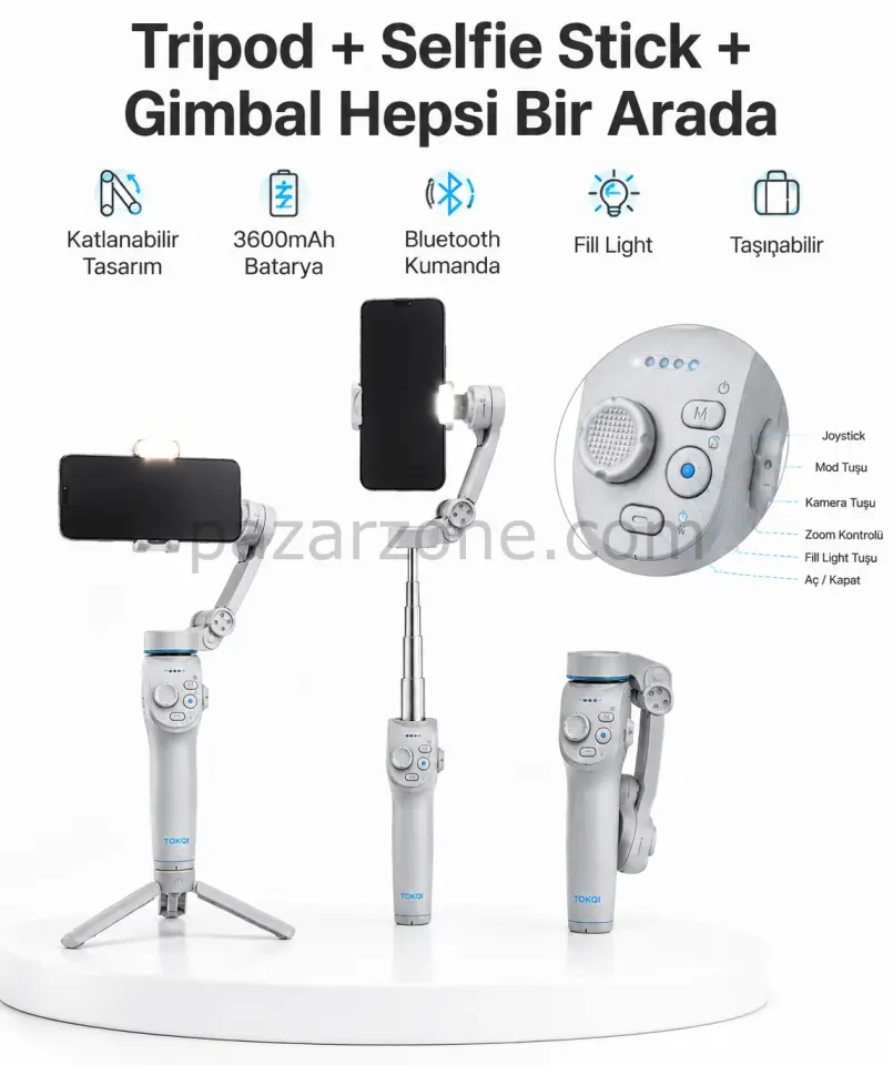 3 Eksen Telefon Gimbal Stabilizer Yapay Zeka Takipli Katlanabilir Dahili Dolgu Işıklı Video Sabitleyici