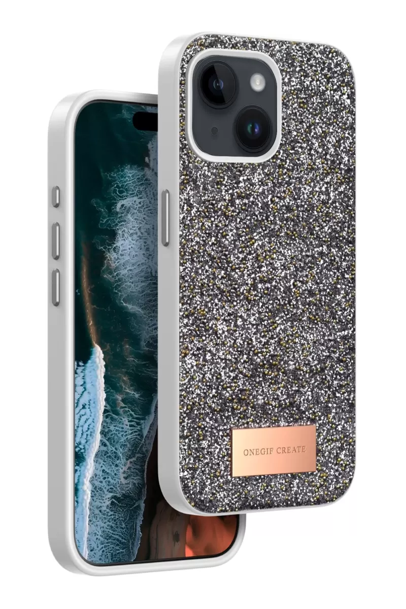 Onegif Apple iPhone 15 Bright Simli Kapak - Gümüş