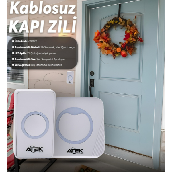 Beyaz Kablosuz Su Geçirmez Kapı Zili