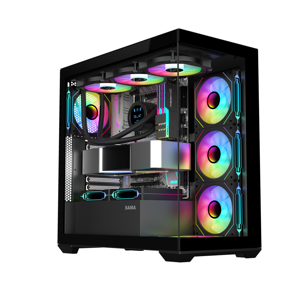 SAMA SV01BK Black, B750BK 750W, 80+ Bronze, PCIE 5.1, ATX3.1, Tempered Glass Panel, Panoramic Tasarım, Type-C, 4x120mm ARGB Fan, ATX, GAMING KASA