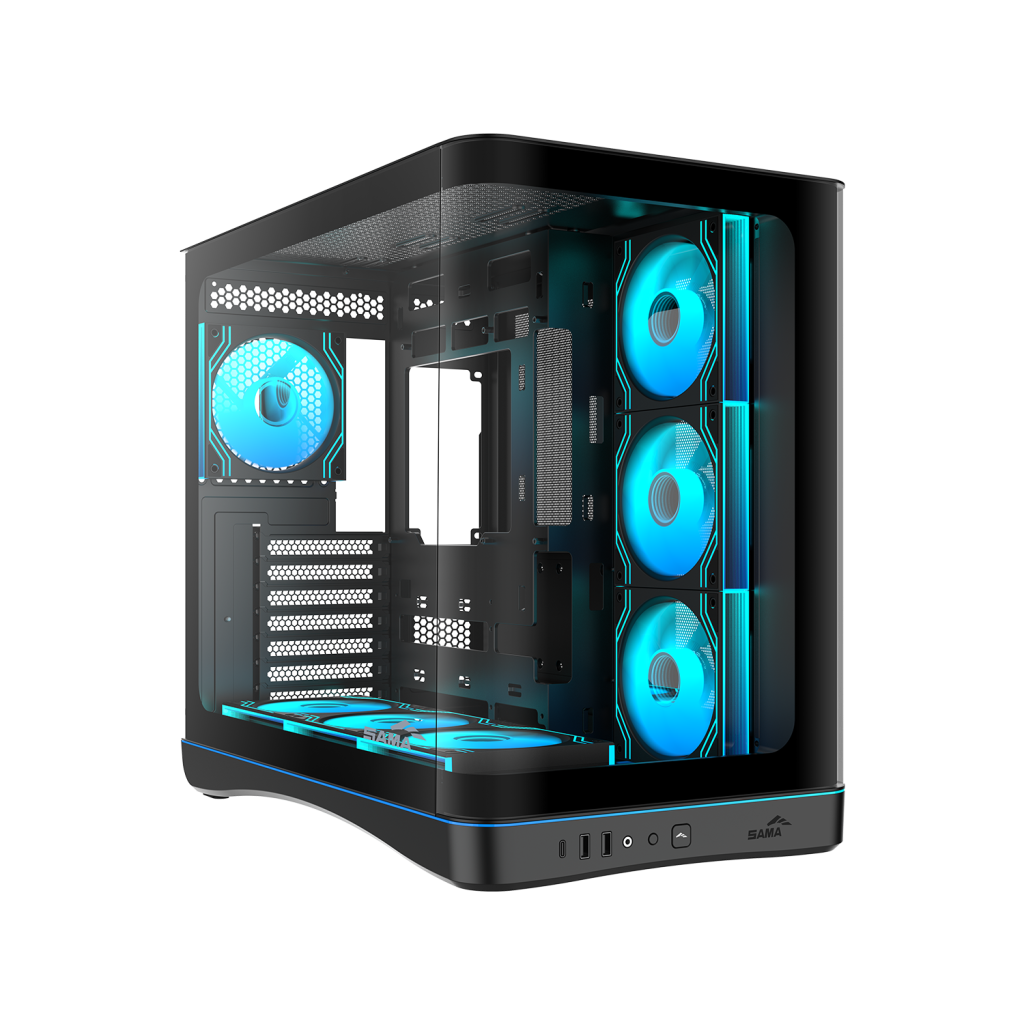 SAMA V62BK Black, B850BK 850W, 80+ Bronze, PCIE 5.1, ATX3.1, Tempered Glass Panel, Panoramic Tasarım, Type-C, 7x120mm ARGB INFINITY Fan, ATX, GAMING KASA