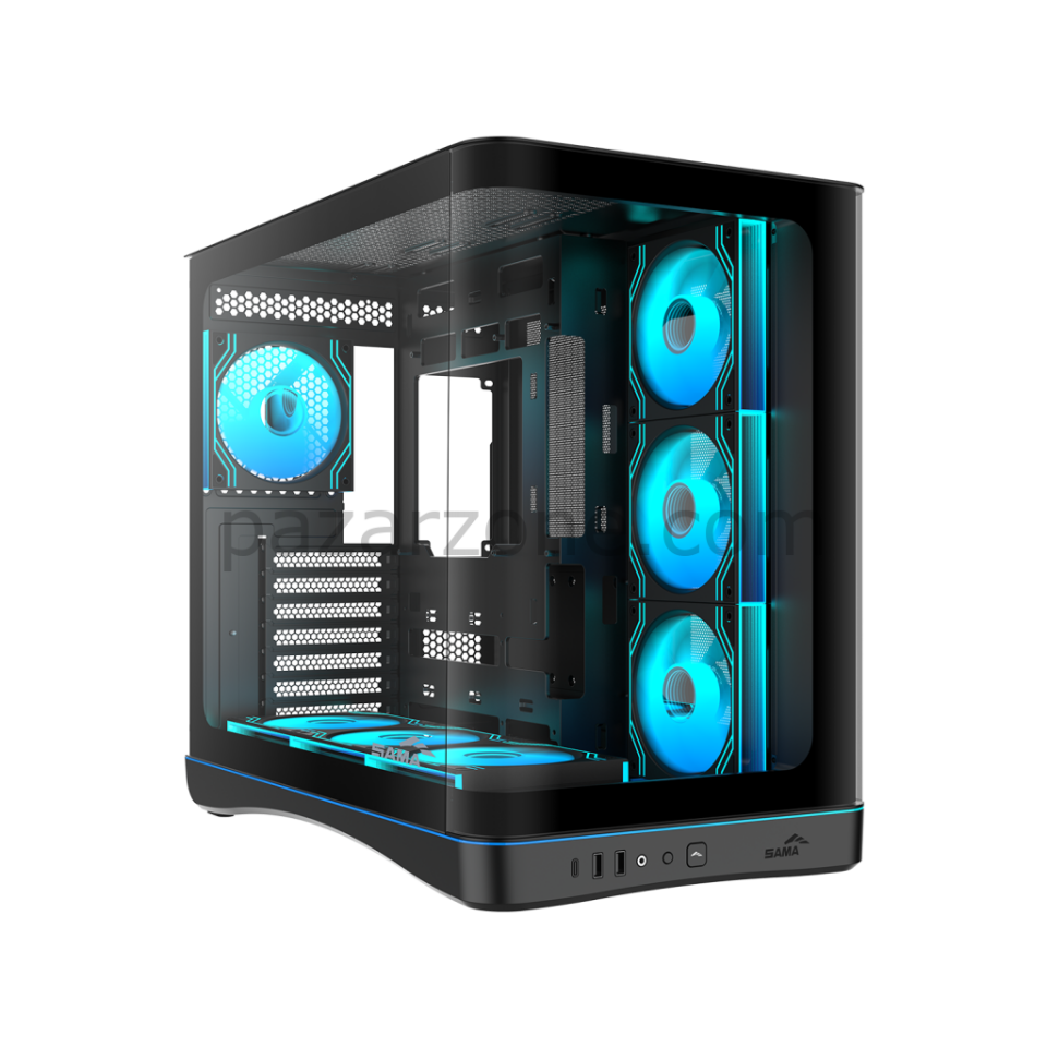 SAMA V62BK Black, B850BK 850W, 80+ Bronze, PCIE 5.1, ATX3.1, Tempered Glass Panel, Panoramic Tasarım, Type-C, 7x120mm ARGB INFINITY Fan, ATX, GAMING KASA