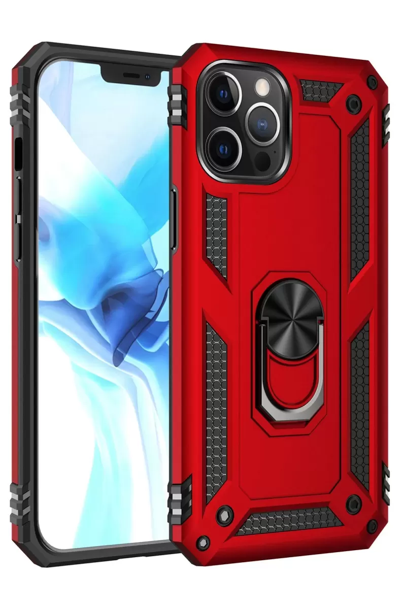 Newface Apple iPhone 12 Pro Max Kılıf Sofya Yüzüklü Silikon Kapak - Kırmızı