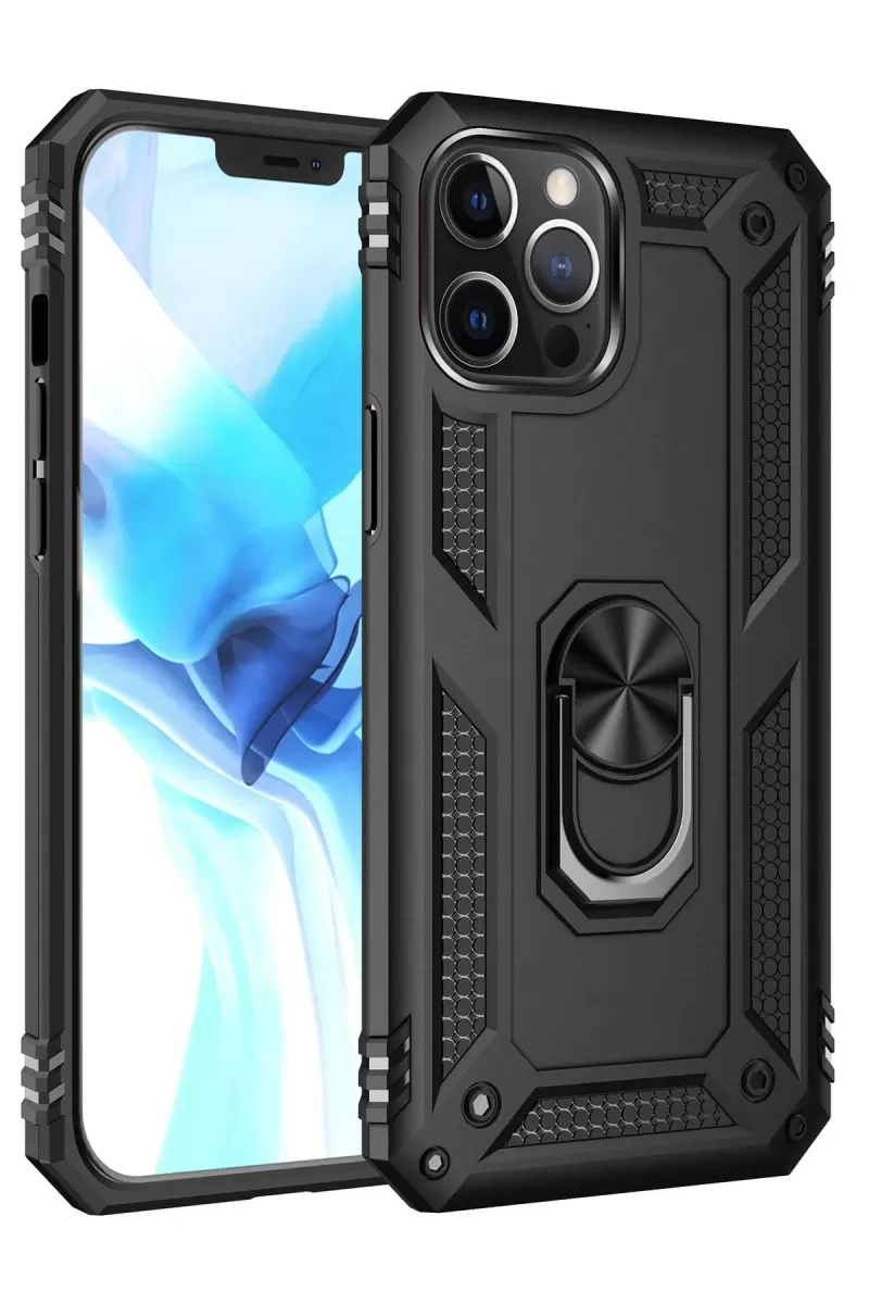 Newface Apple iPhone 12 Pro Max Kılıf Sofya Yüzüklü Silikon Kapak - Siyah