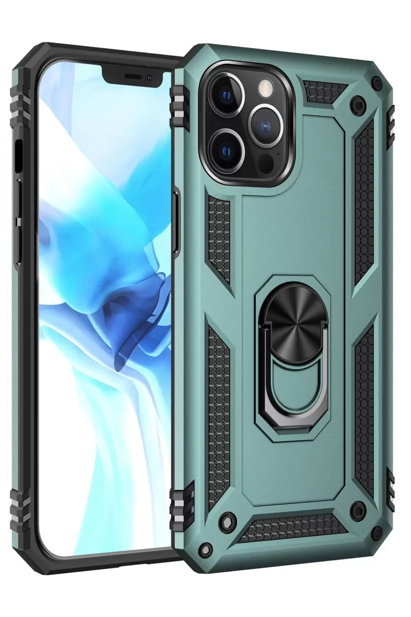 Newface Apple iPhone 12 Pro Max Kılıf Sofya Yüzüklü Silikon Kapak - Yeşil