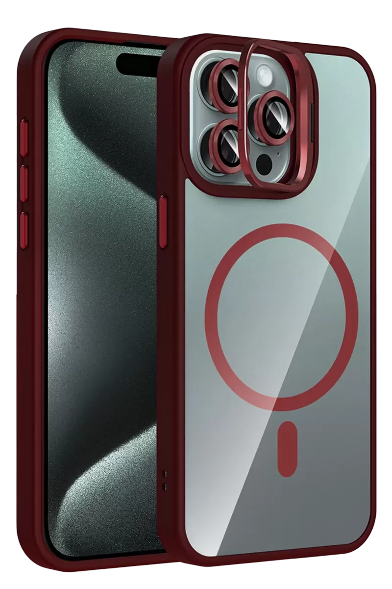 Joko Apple iPhone 15 Pro Max Remim Lensli Magsafe Standlı Kapak - Bordo