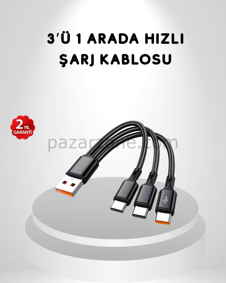 3’ü 1 Arada Hızlı Şarj Kablosu iOS Android Type-C Uyumlu ve Dayanıklı
