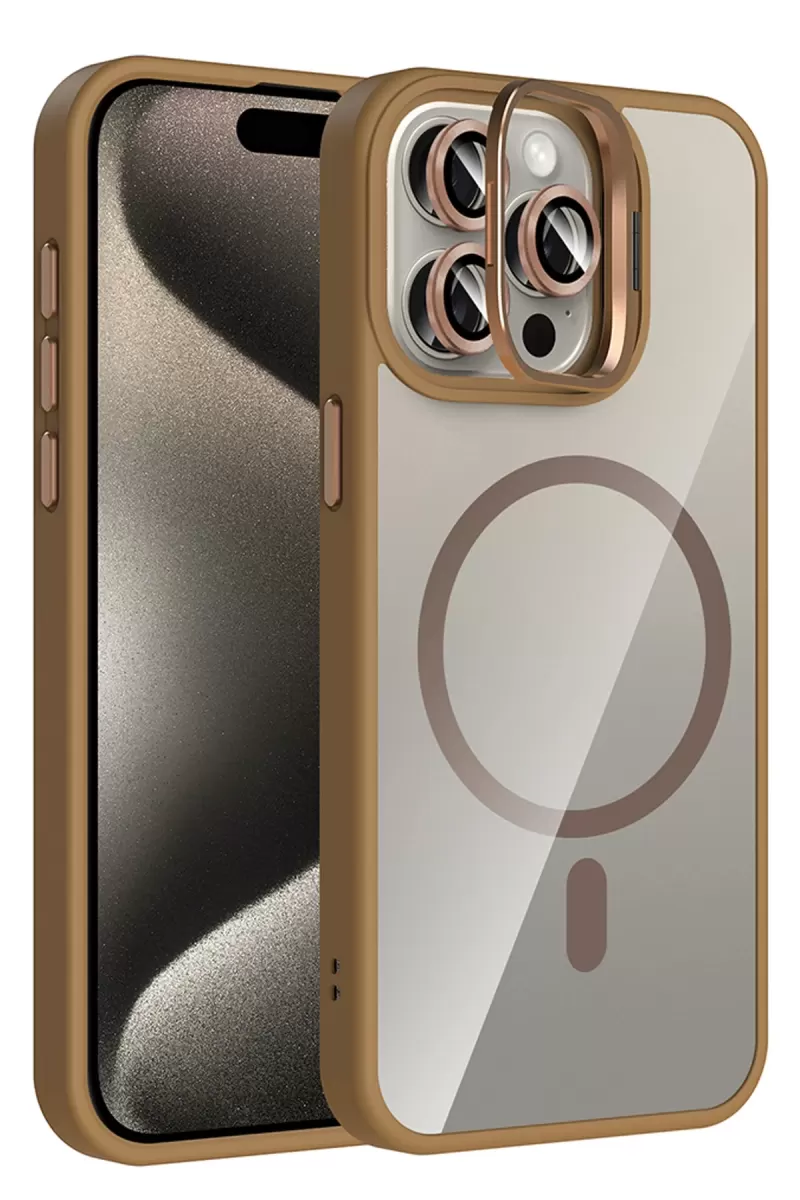 Joko Apple iPhone 15 Pro Max Remim Lensli Magsafe Standlı Kapak - Kahverengi