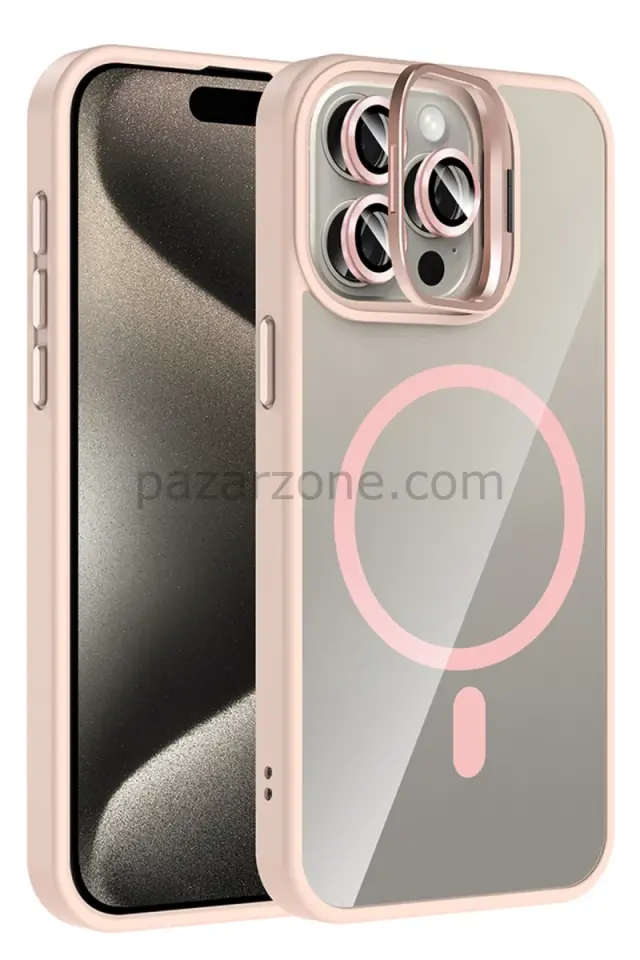 Joko Apple iPhone 15 Pro Max Remim Lensli Magsafe Standlı Kapak - Pembe