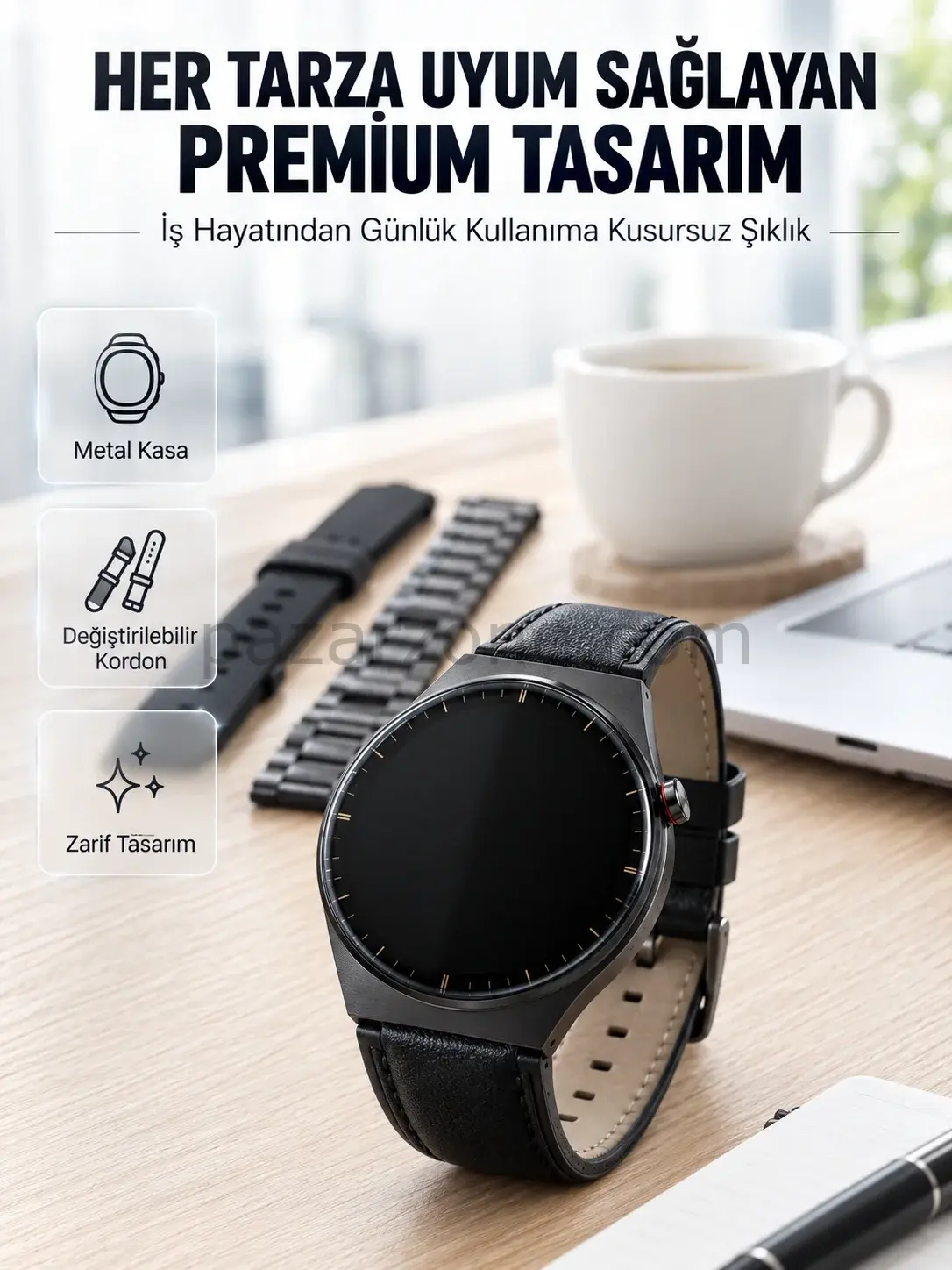3 Kordonlu AMOLED Ekran Bluetooth Aramalı Akıllı Saat Metal, Deri ve Silikon Kordon Seti