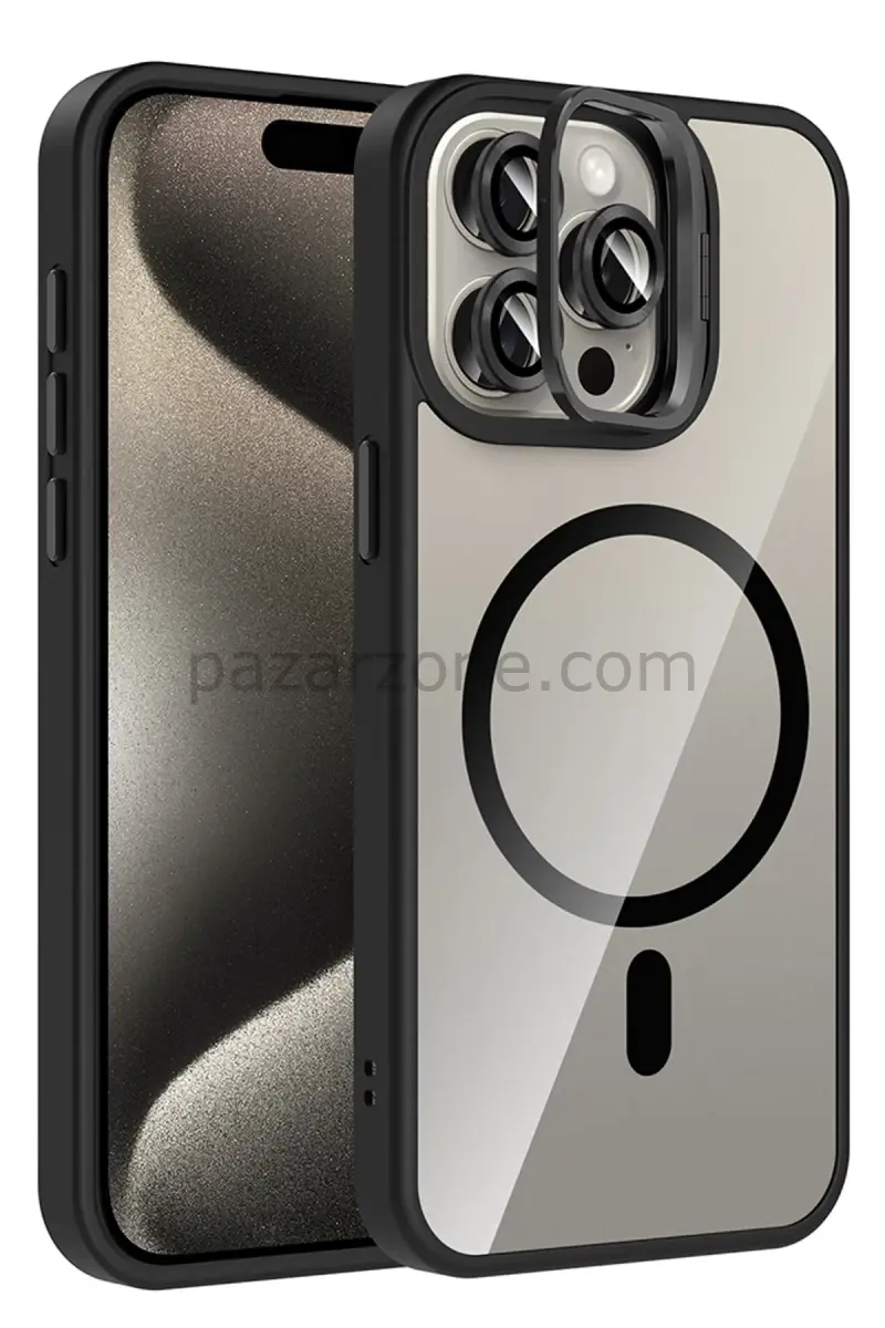 Joko Apple iPhone 15 Pro Max Remim Lensli Magsafe Standlı Kapak - Siyah