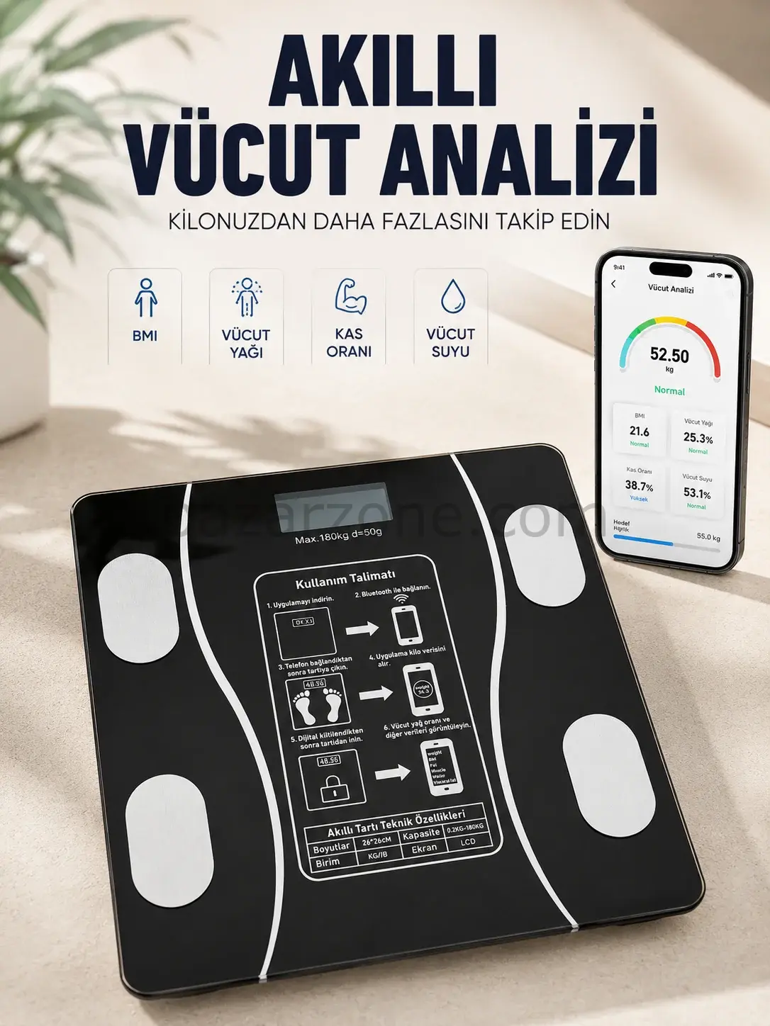 Akıllı Vücut Analiz Baskülü Bluetooth Bağlantılı 4 Sensörlü LCD Ekranlı Dijital Tartı