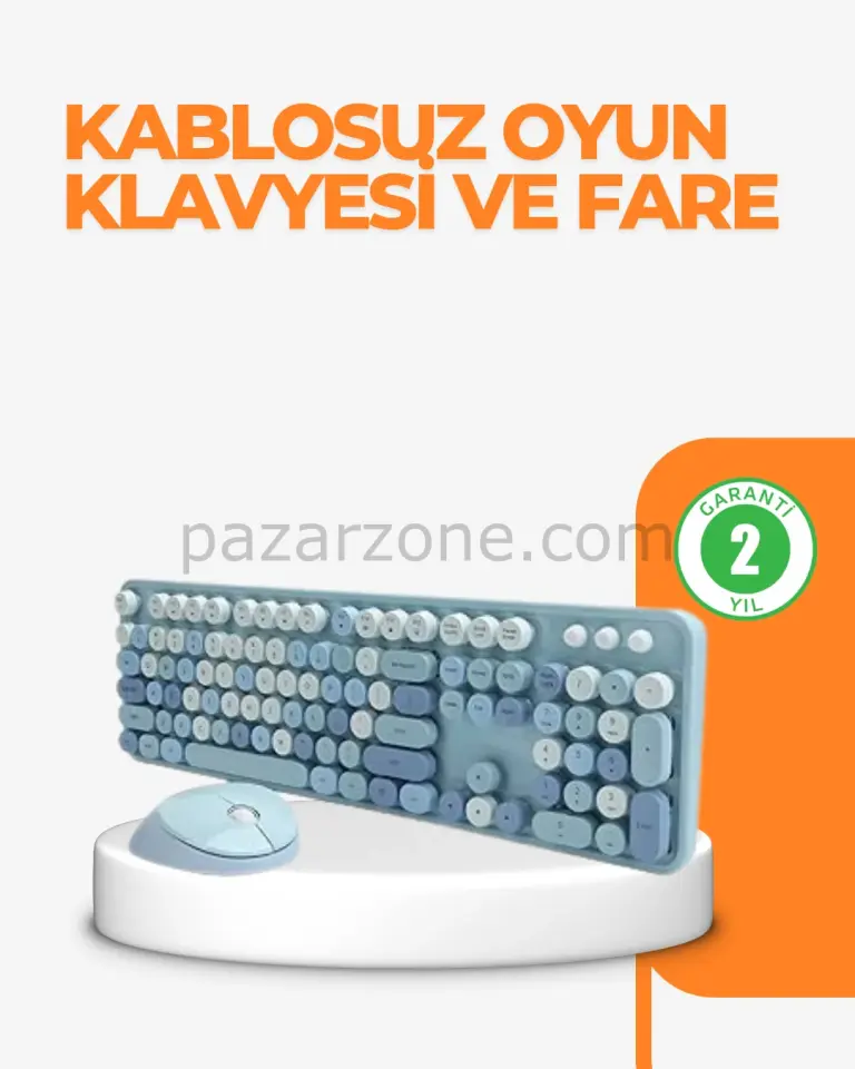 Kablosuz Retro Klavye ve Mouse Seti – 104 Tuşlu Sevimli Tasarım