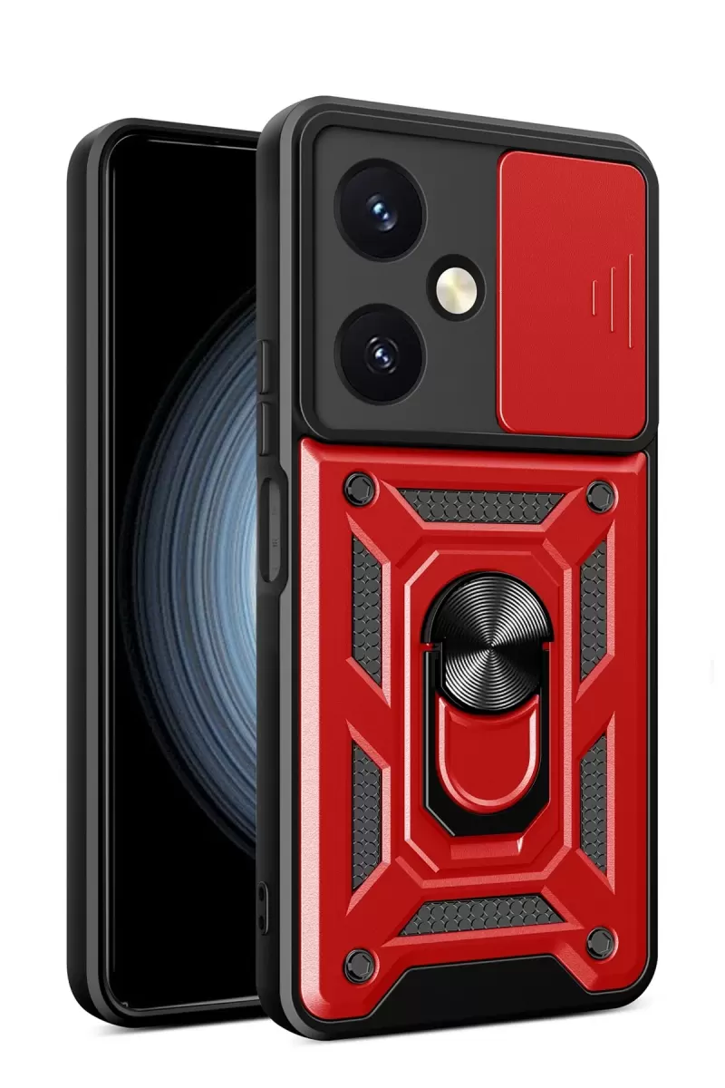 Newface Vivo Y27 Kılıf Pars Lens Yüzüklü Silikon - Kırmızı