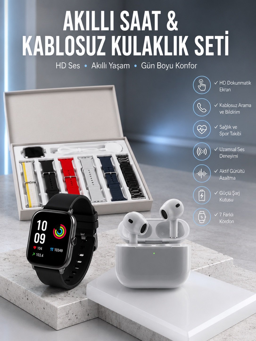 7 Kordonlu Akıllı Saat Ve 3.Nesil Kulaklık Dokunmatik Ekran Sesli Görüşme Yapabilen