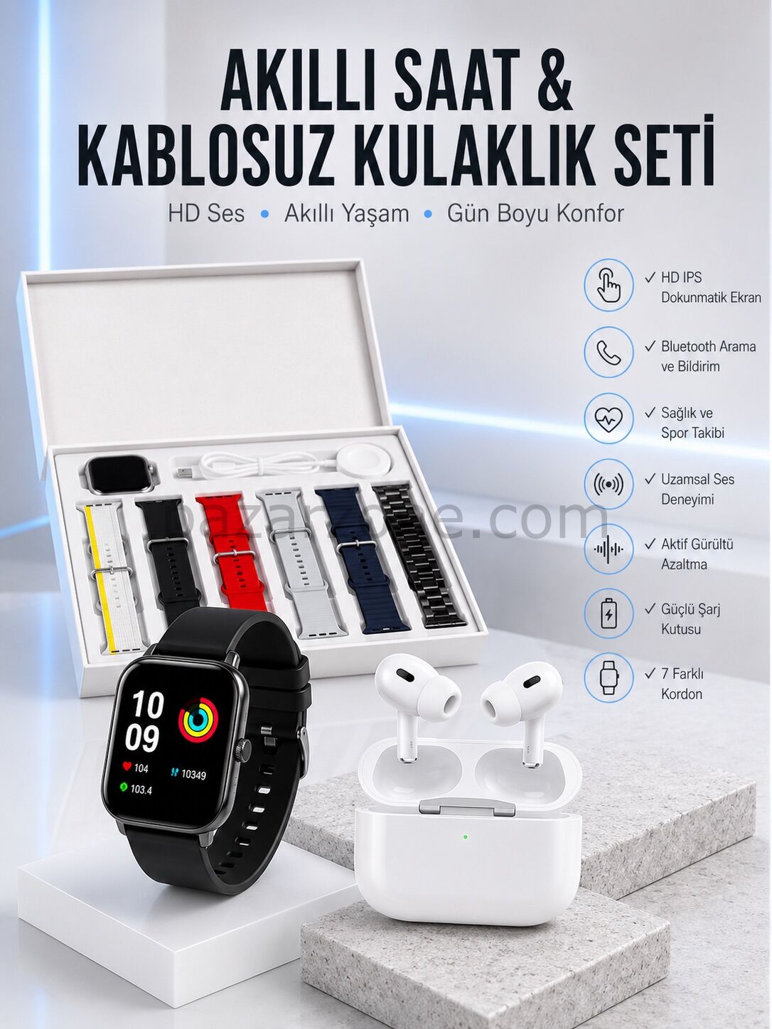 7 Kordonlu Akıllı Saat Ve Yeni Nesil Kulaklık Dokunmatik Ekran Android ve İOS Uyumlu