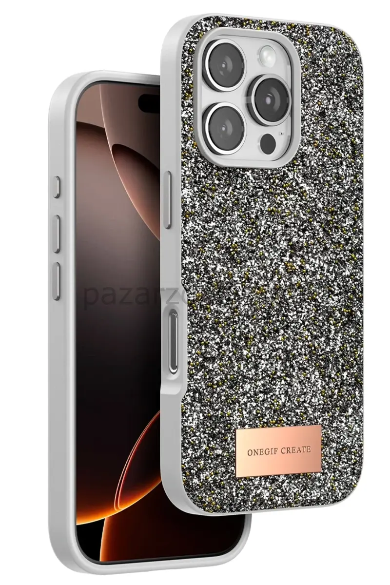 Onegif Apple iPhone 16 Pro Bright Simli Kapak - Gümüş