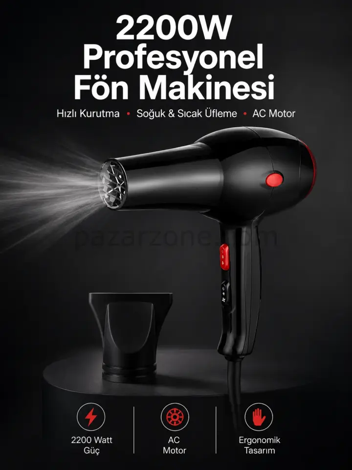 Tüm Saç Tiplerine Uygun, İki Kademeli Hız Ayarlı Fön Makinesi